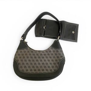 Dooney & Bourke Black and Grey Monogram Crescent Shoulder Bag with Wallet